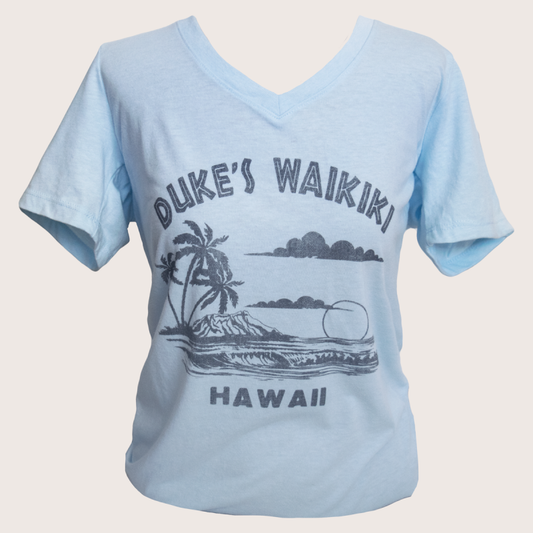 Waikiki Shore/Funnel Cake V-Neck Tee, Ice Blue